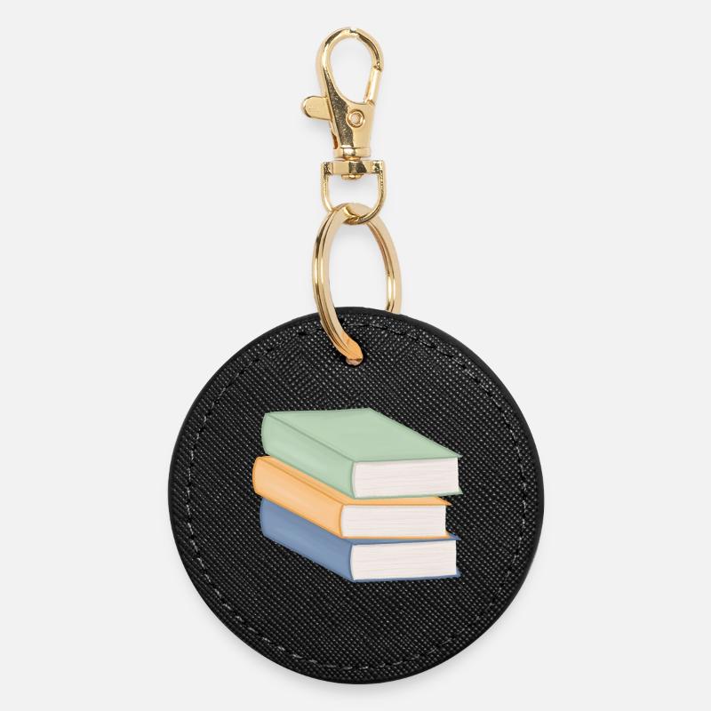 Pastel Colored Stack of Books - Round Keyring - black