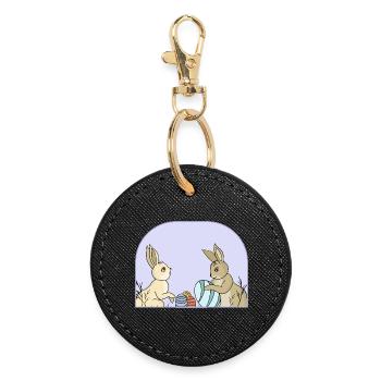 Lapins mignons avec des œufs - Porte-clés rond - noir - Devant