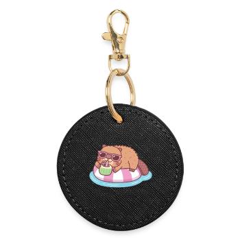Cute Beaver Chilling On Pool Float With Coconut - Round Keyring - black - Front