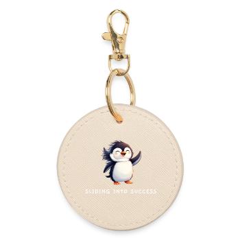 Cute Penguin "Sliding into Success" Quote - Round Keyring - oyster - Front