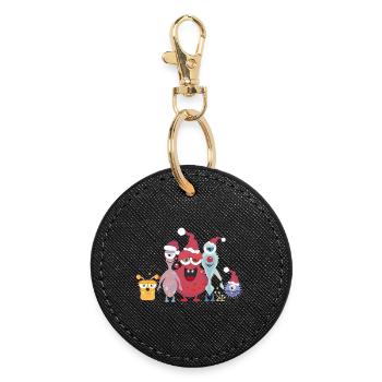 Cheerful Colorful Monster Family Celebrating Christmas - Round Keyring - black - Front