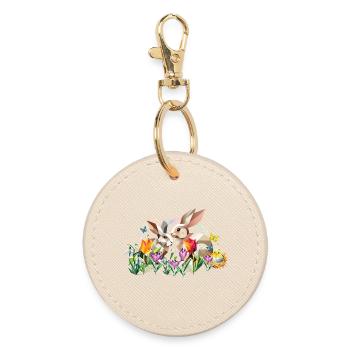 Two Easter bunnies in a sea of flowers - Round Keyring - oyster - Front