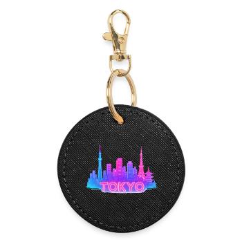 Neon Tokyo Skyline - Round Keyring - black - Front