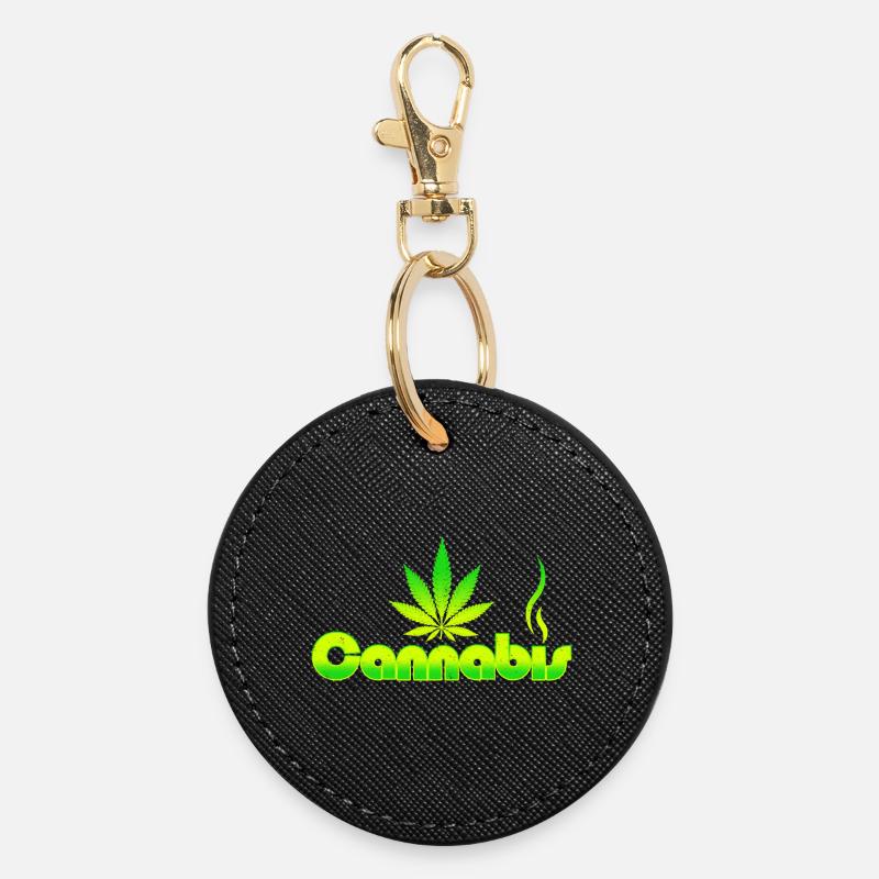 Vibrant Cannabis Leaf Emblem on Green Gradient - Round Keyring - black