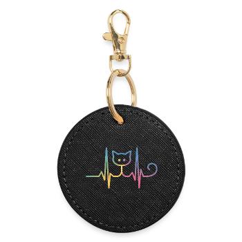 Cat ECG Heartbeat Rainbow Motif - Round Keyring - black - Front