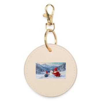 Zwei Zwerge und Schneemann in der Winterlandschaft - Runder Schlüsselanhänger - Auster - Vorne