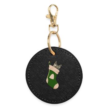 Chat gris en botte verte - Porte-clés rond - noir - Devant
