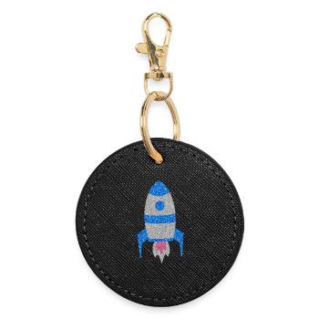 Fusée spatiale pailletée argent bleue - Porte-clés rond - noir - Devant