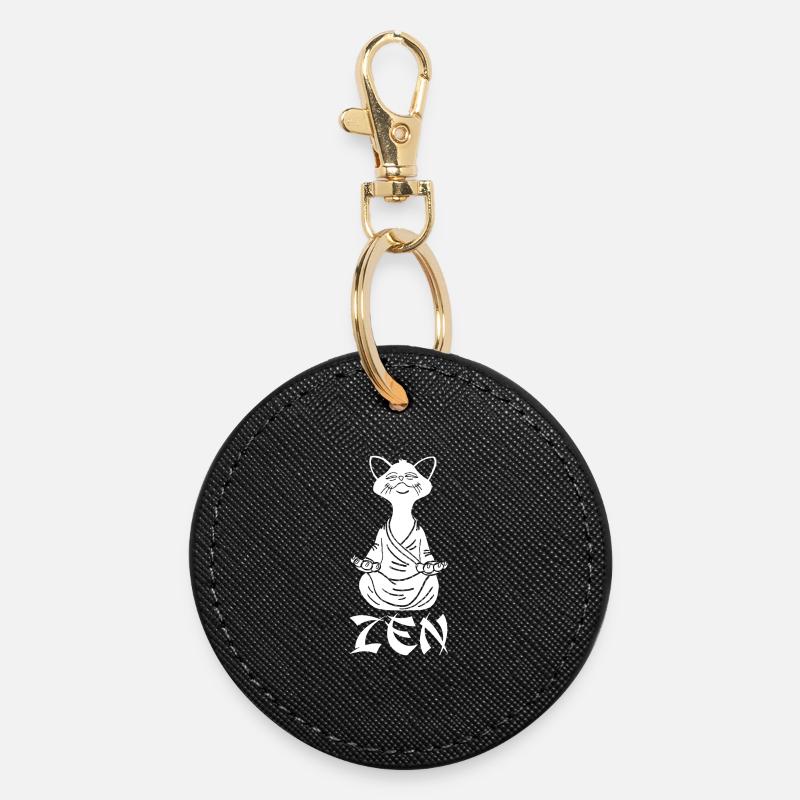 Zen White Cat - Round Keyring - black
