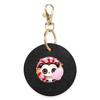 niedlicher Panda Bär mit Zuckerwatte & Süßigkeiten - Runder Schlüsselanhänger - Schwarz - Vorne