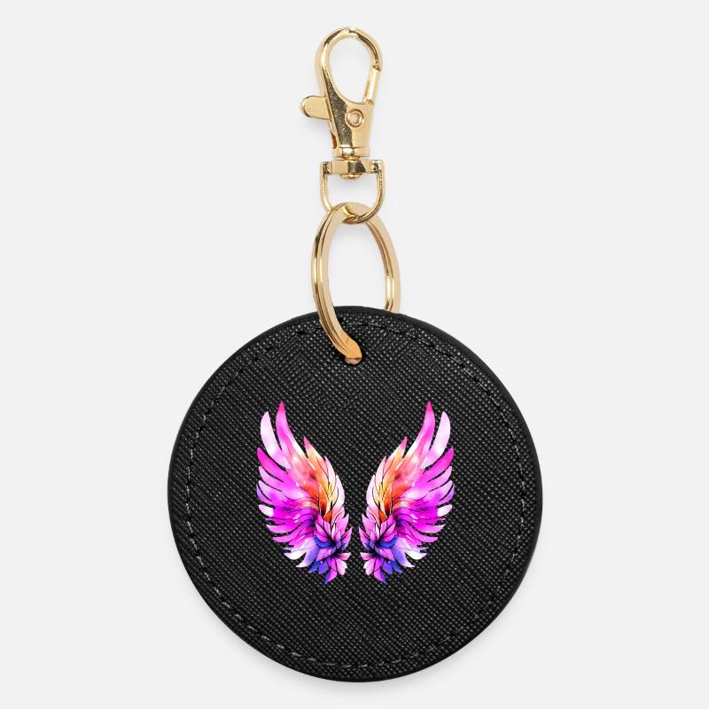 Leuchtend rosa Engelsflügel - Porte-clés rond - noir