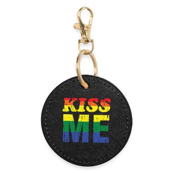 Kiss Me Regenbogen Retro-Schrift - Runder Schlüsselanhänger - Schwarz - Vorne