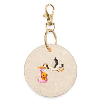 Petite fille cigogne avec cadeau en nounours en tissu - Porte-clés rond - huître - Devant