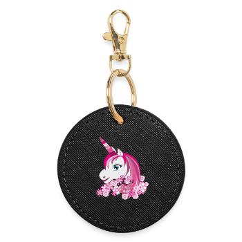 Pinkes Einhorn mit Blütenkrone - Runder Schlüsselanhänger - Schwarz - Vorne