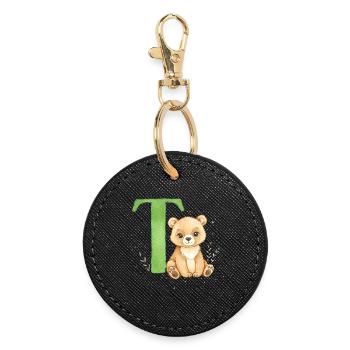 Ours en peluche avec la lettre verte T - Porte-clés rond - noir - Devant