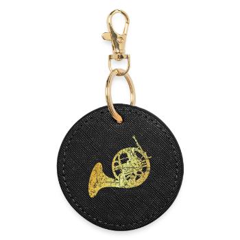 French Horn, Jagdhorn, Horn (Goldgelb) - Runder Schlüsselanhänger - Schwarz - Vorne