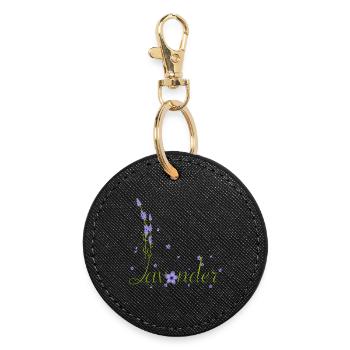 zarte Lavendel Kalligrafie mit Lavendel Blüten - Runder Schlüsselanhänger - Schwarz - Vorne