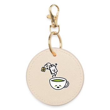 Funny Matcha Green Tea Kawaii Cartoon Teacup - Round Keyring - oyster - Front