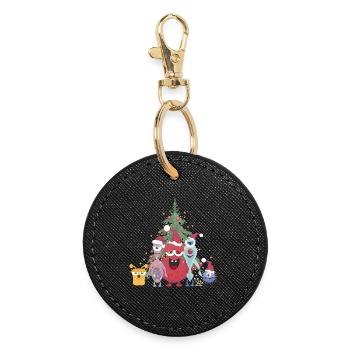 Cheerful Colorful Monster Family Celebrating Christmas - Round Keyring - black - Front