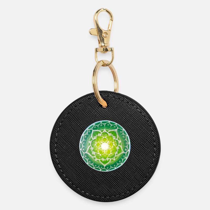 Grünes Mandala mit spirituellem Muster - Runder Schlüsselanhänger - Schwarz