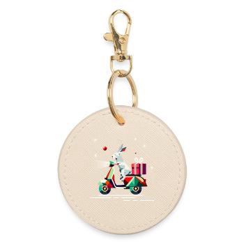 Hase auf einem Roller,mit Geschenk für Weihnachten - Runder Schlüsselanhänger - Auster - Vorne