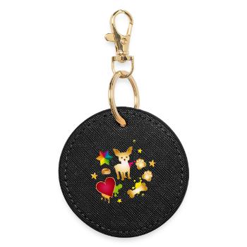 Goldener Chihuahua mit bunten Hunde-Accessoires - Runder Schlüsselanhänger - Schwarz - Vorne