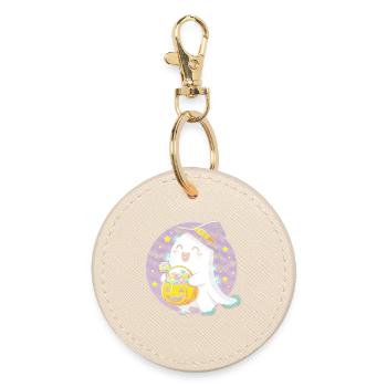 Whimsical Halloween Ghost with Candy Basket - Round Keyring - oyster - Front