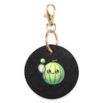 Kawaii watermelon with tennis racket and ball - Round Keyring - black - Front