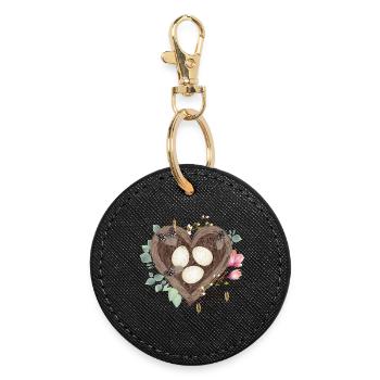 Heart-shaped bird's nest with bird eggs and flowers - Round Keyring - black - Front