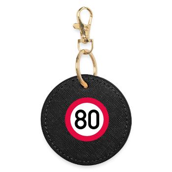 80th birthday Attention! Traffic sign 80 Km/h - Round Keyring - black - Front