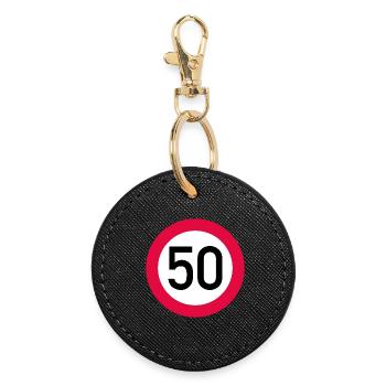 50th birthday Attention! Traffic sign 50 Km/h - Round Keyring - black - Front