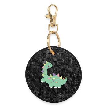 little green dinosaur with colorful dots - Round Keyring - black - Front