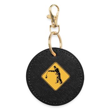 Panneau attention pêche à l'aimant idée cadeau - Porte-clés rond - noir - Devant