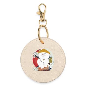 Chat samouraï assis sur le bois - Porte-clés rond - huître - Devant