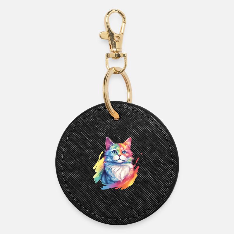 Rainbow Cat – Malerische Regenbogen-Katze - Runder Schlüsselanhänger - Schwarz