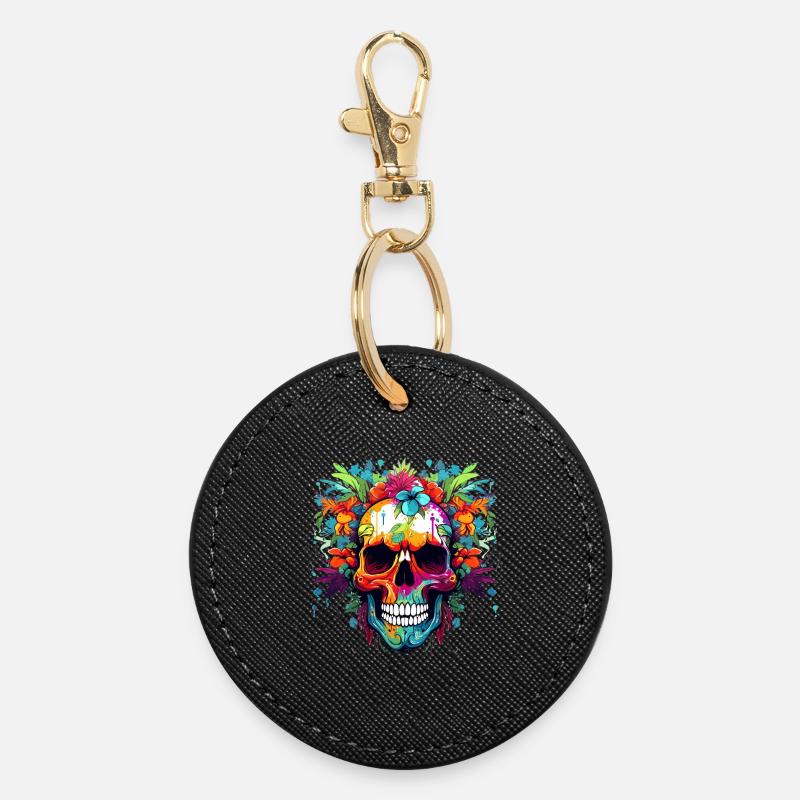 Colorful Flower Head Skull - Round Keyring - black