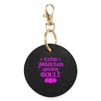 Echte Mädchen spielen Boule Bouler Boccia Spiel - Runder Schlüsselanhänger - Schwarz - Vorne
