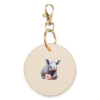 Cute Baby Rhino Pink Floral Shirt - Round Keyring - oyster - Front