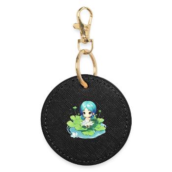 Kawaii Mädchen auf Seerosen – Süßes Design - Runder Schlüsselanhänger - Schwarz - Vorne