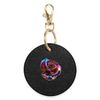 Rose arc-en-ciel irisée - Porte-clés rond - noir - Devant