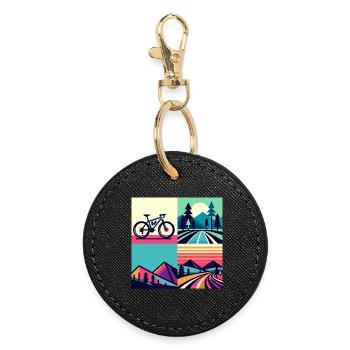 Retro Pop Cycle & Mountain Sunset - Round Keyring - black - Front