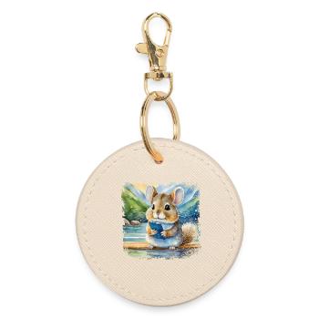 Cute young chinchilla using mobile phone - Round Keyring - oyster - Front