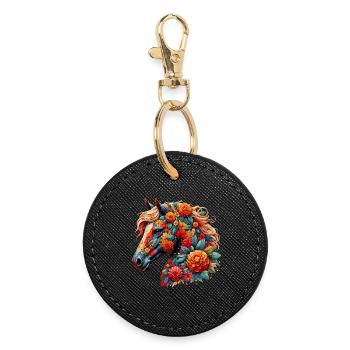 Horse decorated with flowers - Round Keyring - black - Front