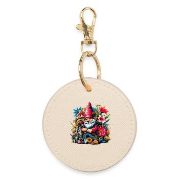 Colorful, vibrant garden gnome surrounded by flowers - Round Keyring - oyster - Front