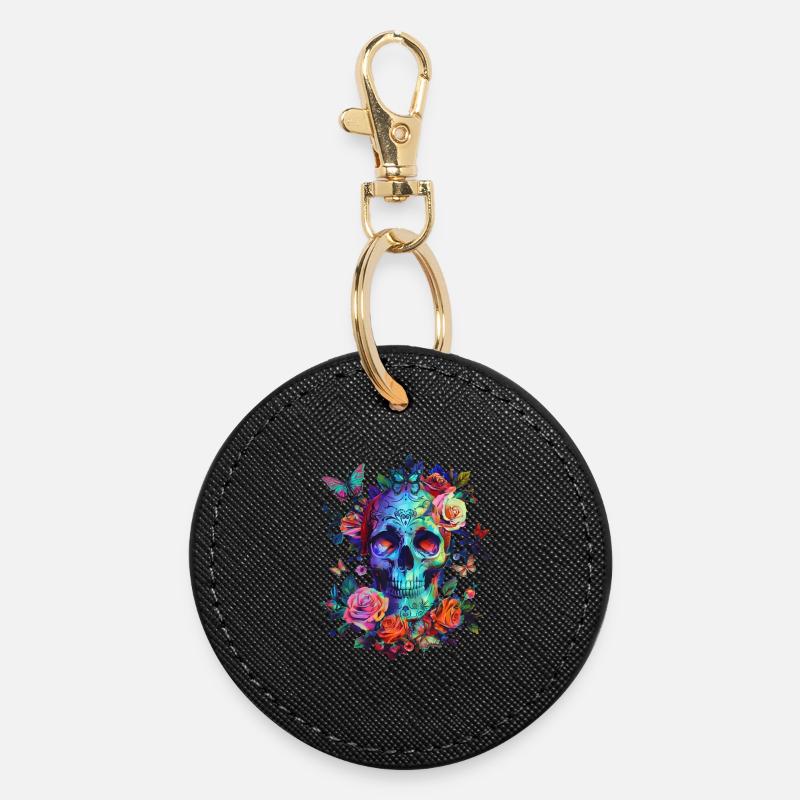 Crâne avec fleurs et papillon - Porte-clés rond - noir