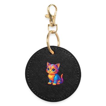 Kitten Colorful Kawaii Cartoon Character Clipart - Round Keyring - black - Front