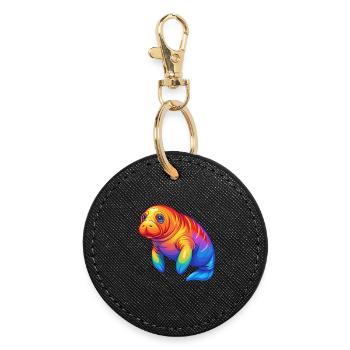 Manatee Colorful Kawaii Cartoon Sea Animal - Round Keyring - black - Front