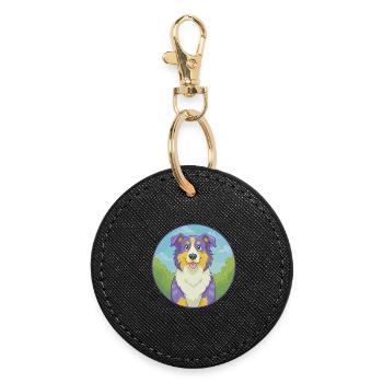 Australian Shepherd Hund Niedliches Kawaii Cartoon Tier - Runder Schlüsselanhänger - Schwarz - Vorne