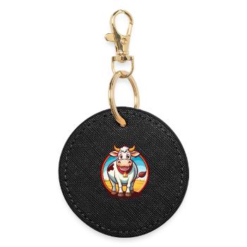 Cow Cute Funny Kawaii Cartoon Clipart Animal Pet - Round Keyring - black - Front