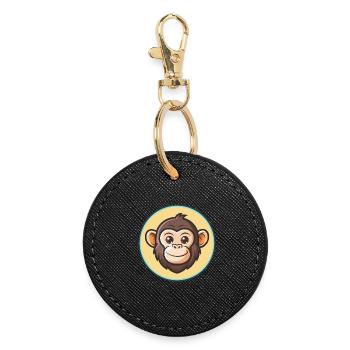 Chimpanzee Kawaii Cartoon Character Animal Face - Round Keyring - black - Front